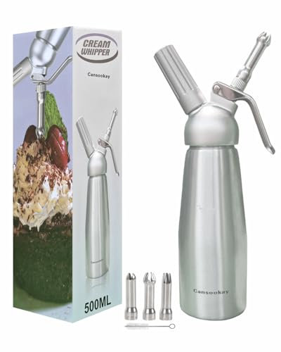 Cansookay Professional Whipped-Cream Dispenser,500mL/ 1 Pint Whipped Cream Maker with 3 Stainless Steel Tips and Cleaning Brush & Storage Cap,