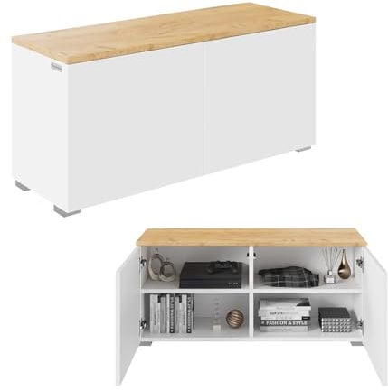 PLATAN ROOM TV Lowboard/Sideboard 90 cm breit mit Push-to -Open-Funktion Hängeschrank TV Kommode hängend oder stehend in Hochglanz oder Matt (Eiche Matt/Weiß Matt, 90 cm breit)