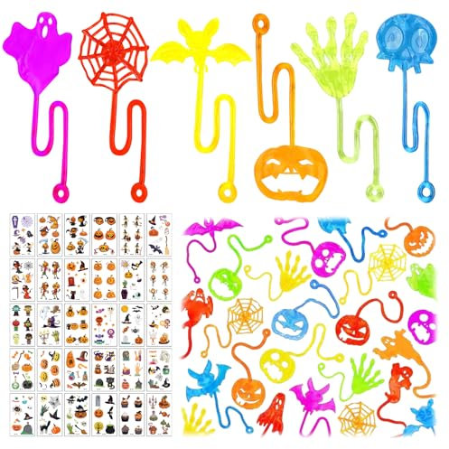 Shinybox 72 Stücke Halloween Mitgebsel Kinder, 42 Stücke Bunte Glibberhand Mitgebsel + 30 Stücke Halloween Tattoo Aufkleber, Klebrige Spielzeug, Halloween Kindergeburtstag Mitgebsel Partytütenfüller
