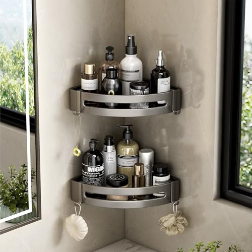 yoloctoct 2 Pack Bathroom Corner Shelf,No Drilling Wall Mounting Adhesive, No Rust, with 4 Hooks for Storage Organizer for Dorm, Toilet and Kitchen (Grey) (cshelf-026-EU-GR)