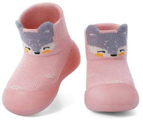 MASOCIO Baby Sock Shoes Toddler Girl First Walking Pre Walkers Soft Rubber Sole Pram Crawling Slipper Shoes 6 Infant Size 3.5 UK Child Non Slip 9-12 Months Pink