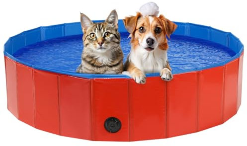 DASBET Foldable Dog Pool Dog Paddling Pool PVC Collapsible Dog Swimming Pool Portable Pet Wading Pool for Dogs, Puppies, Cats Pet Tub with Quick Drainage Hole for Indoor & Outdoor (120 x 30cm, Red)