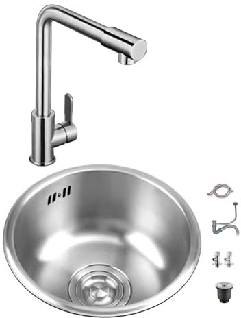 Petit évier rond en acier inoxydable avec robinet intégré (35,3 x 35,3 x 15 cm)