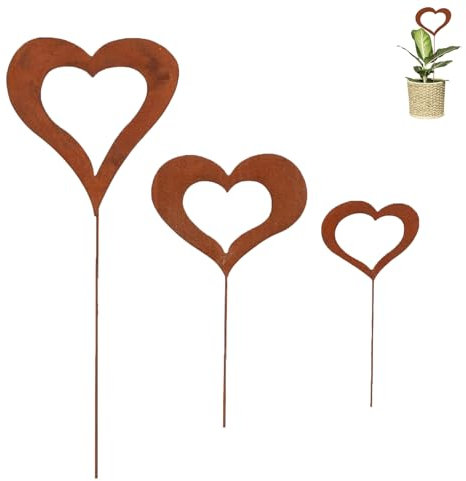 3er Set Herzen Stecker Gartendeko, Pflanzenstecker Metall Stahl Rost Edelrost Wetterfest FüR Garten Beet Blumenstecker FüR Garten Terrasse Ausgefallener Grabschmuck