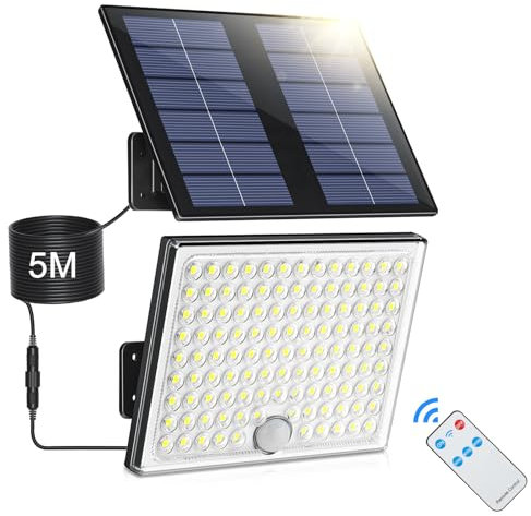 Realky Solarlampen für Außen mit Fernbedienung,Außenlampe mit bewegungsmelder,IP65 Wasserdichte Solarleuchte mit 5m Kabel für Garage, Garten, Hof, Stufen, Haustüren, Rasen-Warmweiß