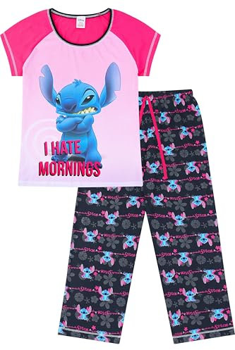 Disney Lilo and Stitch Pyjama long en coton pour femme Inscription I Hate Mornings, rose, 42-44