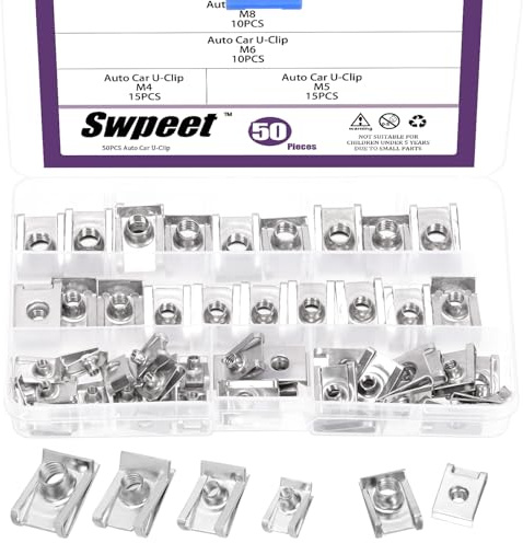 Swpeet Assortiment de 50 clips en U M4 M5 M6 M8 en acier inoxydable 304 pour voiture, écrous en U, écrous en U, fixations à ressort pour panneau de porte de tableau de bord, intérieur compatible avec