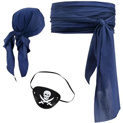 Halloween Pirate Costume Women Men 3 Pcs Pirate Head Scarf Bandana Belt Waist Sash Eye Patch Medieval Renaissance Viking Accessories (Blue)
