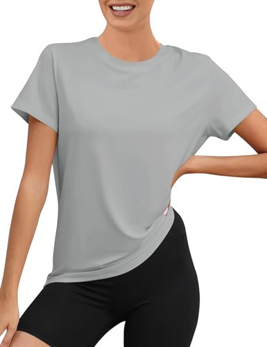 Rapbin Yoga Shirt Damen Locker Kurzarm,Sport Tshirt Fitness Rundhals Sport Top Damen Passend für Laufshirt Yoga(Helles Grau,M)
