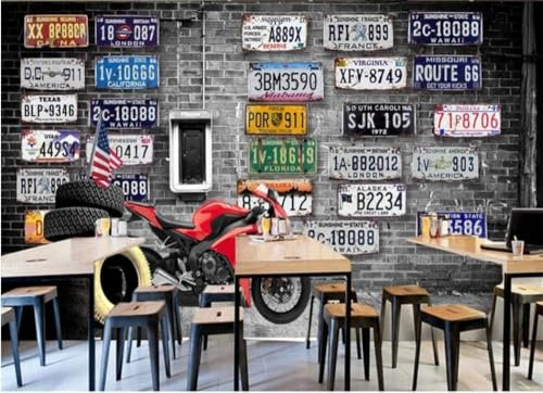 Vintage Backsteinmauer Motorradreifen Nummernschild 3D Tapete Büro Wohnzimmer Sofa Schlafzimmer TV Hintergrund Wand Dekoration-430cm×300cm