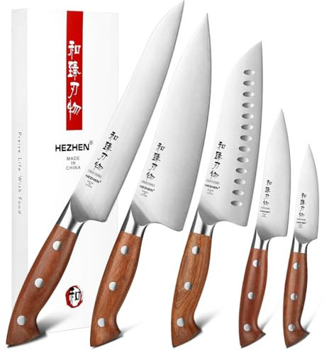 HEZHEN Kitchen Knife Set of 5 Pcs, German Stainless Steel Chef Knife for Professional Chefs and Home Cooking, Ultra Sharp Chef Knife Set