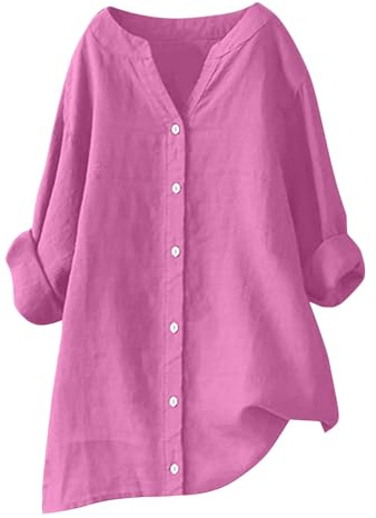 RLEHJN Chemise Lin Femme Manches Longues Pas Cher Chemisier Coton Et Lin pour Femmes Col V Boutonné Top Manches Enroulables Hauts Décontractés Couleur Unie Tuniques Blouse Lâche Respirant T-Shirts