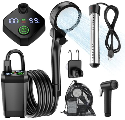 Portable Camping Shower with Heater, Electric Shower Pump with 6000mAh Long-Lasting Rechargeable Battery, Compact Shower Kit with Shower Head and Sprayer for Outdoor, Indoor, Beach, Travel, Pets, Car