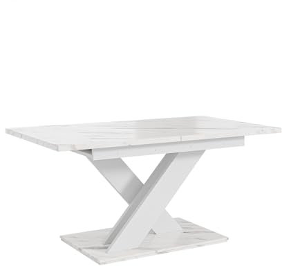 MEBLINI Esstisch Ausziehbar - Esszimmertisch Modern - Küchentisch - Säulentisch - Ausziehtisch - Dining Table - Esszimmertische - 140-180x80x75cm - Bronx - Weiß Marmor/Weiß Matt