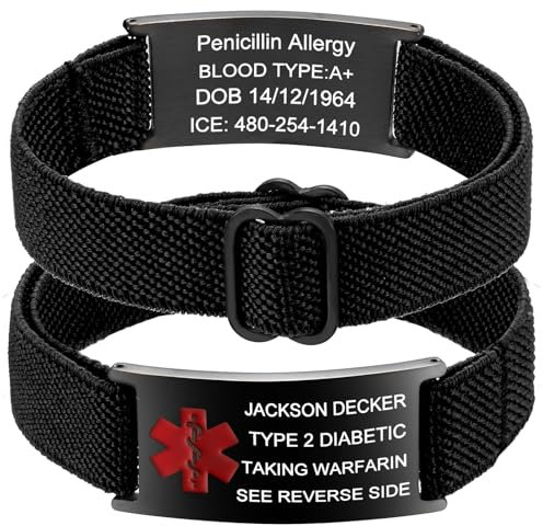 Medizinisches Warnarmband Damen/Herren - Medizinische Alarm Armband Personalisiert mit Info (Autismus,Allergie,Diabetes,Epilepsie) Schwarz Notfallarmband SOS ID Armband Geschenk für Senioren & Kinder