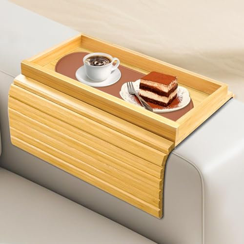 NCTNCX Vassoio per divano per braccioli, con protezione antimacchia, sottovaso, in legno, antiscivolo e pieghevole, per tè pomeridiano, snack, tazze, telefono cellulare, ecc