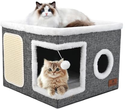 Katzenhaus für Indoor-Katzen - Faltbares Katzenversteck mit hängendem flauschigem Ball und Kratzpad, Katzenbetthöhle mit wendbarem Kissen für mehrere kleine Haustier-Kätzchen, Grau
