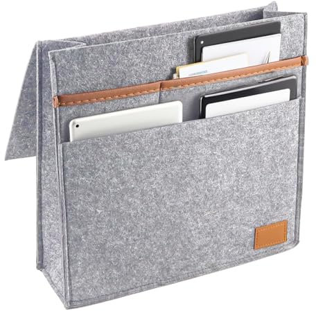 QUTHZZHY Filz Betttasche, Hängende Betttasche, Bett Organizer Tasche mit 4 Fächern, Hängendes Bettgestell, für Schlafzimmer, Schlafsaal, Sofa, Nachttisch,für Buch, Zeitschriften, iPad, Handy(Hellgrau)