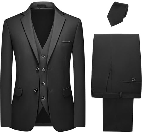 KUDMOL Costume Homme 3 Pièces Mariage Business Slim Fit Smoking à Deux Boutons de Couleur Uni à la Mode Blazer Veste et Pantalon Gilet avec Cravate(Noir,L)