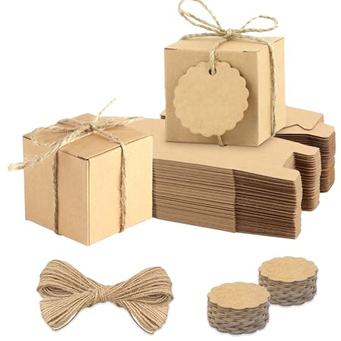 50 Stk Geschenkboxen Kraftpapier Set, Karton Schachteln 7 x 7 x 7 cm, Pappschachteln mit Deckel, Wiederverwendbare, Faltkarton Quadratisch, Kraftpapier Karton Schachteln, für Taufe, Geburtstag(Braun)