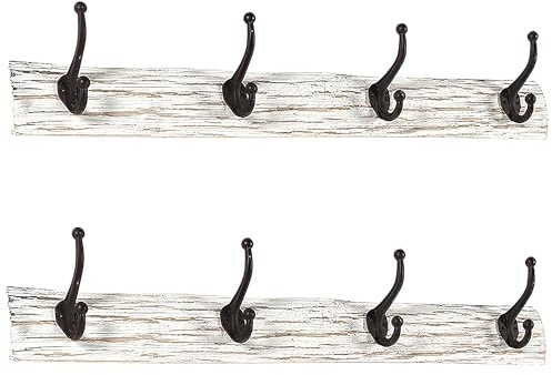 Kobolo Hakenleiste Vintage 2er Set | 74x9x16 cm | weiße Wandgarderoben aus Holz im Landhausstil mit Doppelhaken | dekorative & platzsparende Garderobenleiste für Mäntel, Taschen, Schals & Mützen