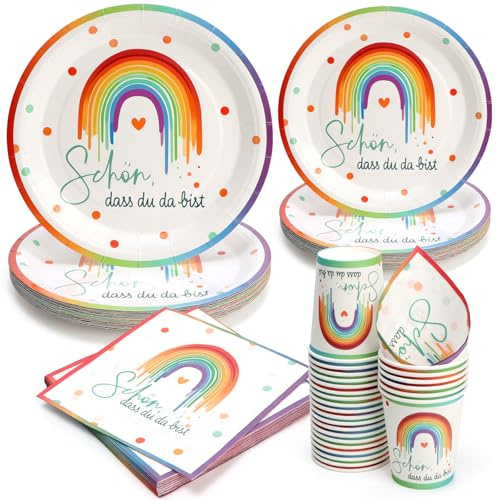 PARTY GO 100PCS Partygeschir Regenbogen mit Spruch Schön, dass du da bist,Enthält 23cm Pappteller,18cm Pappteller,9 Unzen Pappbecher und Serviettenpapier