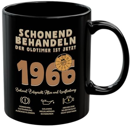 1966 Geschenk 60 Geburtstag Mann, Tasse Schonend behandeln Oldtimer ist 60, Lustig Kaffeetasse als Geburtstagsgeschenk für Männer Ehemann Papa Opa Freund Kollege Bruder, Keramik 350 ml, Schwarz