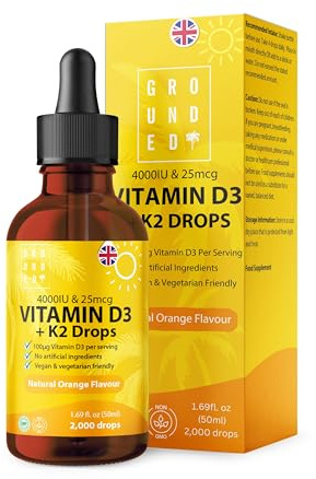 Grounded Vitamin D3 + K2 Liquid Drops 50ml | High Strength 4,000iu D3 with 25mcg K2 Formula | Natural Orange Flavour with 2000 Drops per Bottle | for Bones, Muscle & Immune Function | UK Made