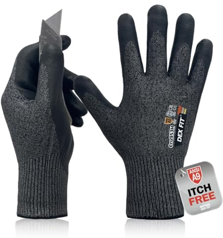 DEX FIT Guantes anticorte Cru953H, ANSI A9, EN388 4X44F, sin fibra de vidrio, Power Grip de nitrilo espumado (base agua), ajuste 3D, táctiles, lavables, 13-gauge; Blackgrey M 1 Pair