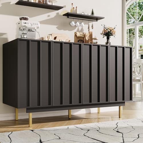 Jaxenor Sideboard Wohnzimmer mit 4 Schranktüren, Sideboard Schlafzimmer, Minimalistisches Wohnzimmerschrank, Esszimmerschrank, Schwarz