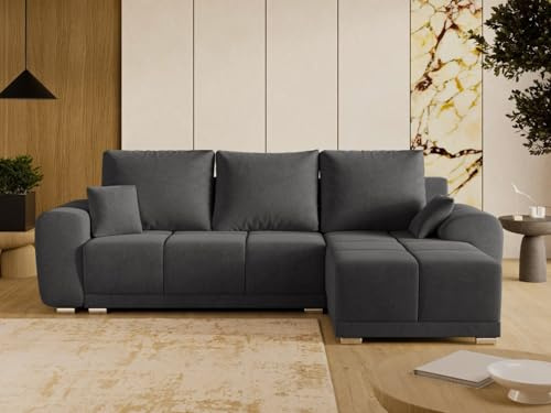 GRAINGOLD Monti Ecksofa mit Schlaffunktion und Bettfunktion, 290x188 cm, L-Form Sofa, Schlafcouch für Wohnzimmer, Veloursstoff, 3-Sitzer Eckcouch, Ecksofa mit Stauraum (Anthrazit, Rechts)
