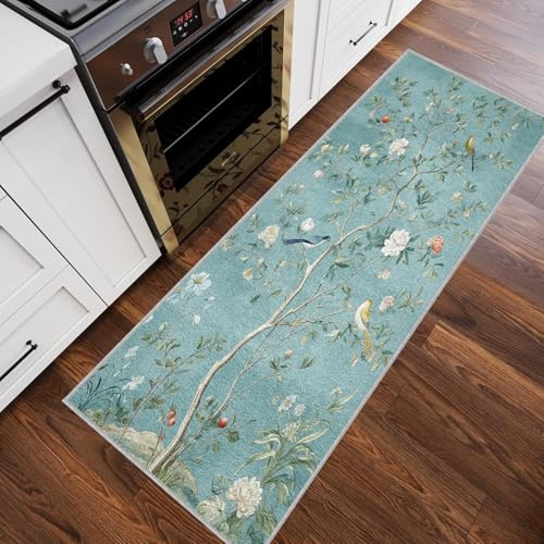 Generisch Türkis Blumenmuster Teppich Läufer 80x150, Blumen Vogel Läufer Flur für Küche Schlafzimmer Wohnzimmer, Orientalische Küchenläufer Waschbar rutschfest, Kurzflor Teppichläufer (Tko14J)