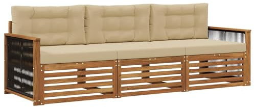 vidaXL Outdoor-Sofagarnitur mit Kissen 3 pcs Natur und Beige, Outdoor Lounge, Moderne Ecksofa, Gartenmöbel, Terrassen-Sitze, Komfortables Set für Wohnräume