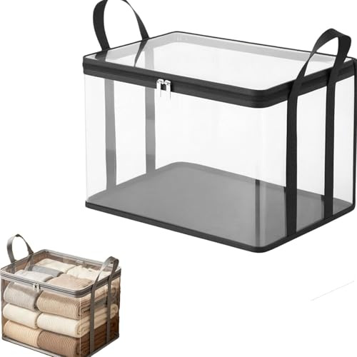 1er-Pack Große Transparente Aufbewahrungstaschen aus dickem PVC, Schwerlast-Lagerboxen mit Deckel, Griffen & Reißverschluss, Stapelbar & Faltbar – Ideal für Kleidung, Umzug (Schwarz, 38x24x32cm)
