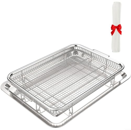 MIKMLYZE Stainless Steel Oven Air Fryer Basket and Tray, 15.6x11.6 Inch Large Capacity, with 30 Baking Papers, for Family Cooking, Dishwasher Safe, Silver
