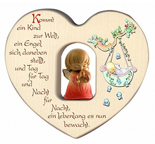 HERZ AUS HOLZ mit SCHUTZENGEL [Engel rot] und SEGENSSPRUCH – Geschenk zur GEBURT oder TAUFE für MÄDCHEN – Wand-Dekoration fürs KINDERZIMMER – MaMeMi Collection aus SÜDTIROL