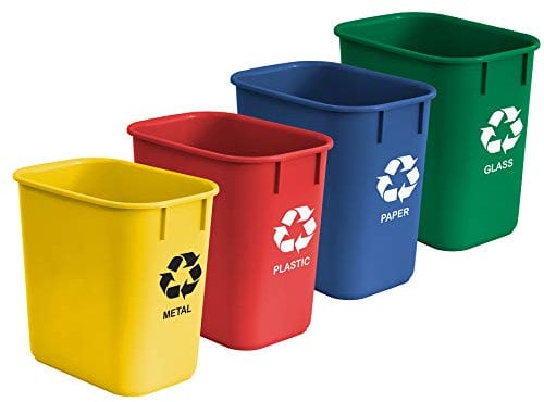 Acrimet Papelera para Reciclaje, 3.25 galones / 13 cuartos / 12 litros (Hecha de Plástico) (Metal/Amarillo, Papel/Azul, Vidrio/Verde, Plástico/Rojo) (Conjunto de 4)