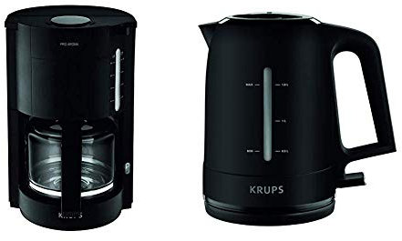 Krups F30908 Krups ProAroma Glas-Kaffeemaschine, 10 Tassen, 1.050 W im modernen Design, schwarz & BW2448 Wasserkocher Pro Aroma, 1,6 L, 2,400 W mit beleuchtetem Ein-/Ausschalter, schwarz