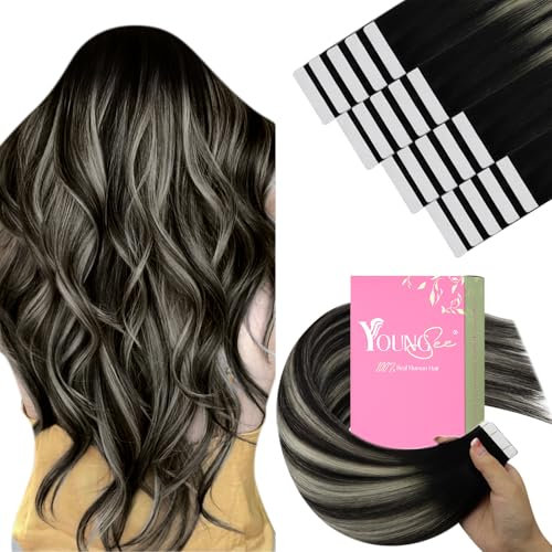 YoungSee Tape Extensions Echthaar Schwarz Extensions Echthaar Tape Schwarz Ombre Silber Echthaar-Extensions Tapes 30cm Tapes in Haarextensions-Echthaar Glatt 30g #1B/S/1B