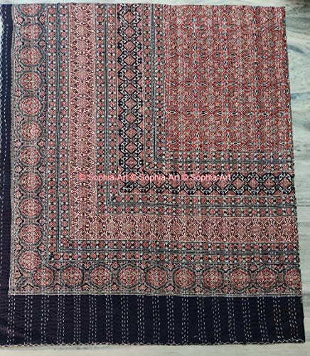 Sophia-Art California King/King/Twin Size Bohemian Hand Block Ajrak Vintage Print Bedspread Kantha Blanket Bed Cover, Sofa Cover Hand Stitch Throw Quilt 152 x 228 cm