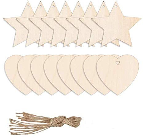 TOKERD 100 Stück Holzscheiben Deko zum Basteln, Anhänger Holzstern-Formen, Holzherzen Deko, blanko Holz-Etiketten mit Loch für Weihnachtsbaum Deko, Geschenke, Hochzeitsdekor