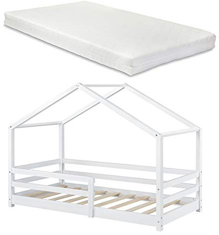 [en.casa] Kinderbett Knätten mit Matratze und Rausfallschutz 90x200cm Hausbett mit Kaltschaummatratze Bettenhaus mit Lattenrost Kiefernholz Einzelbett Weiß