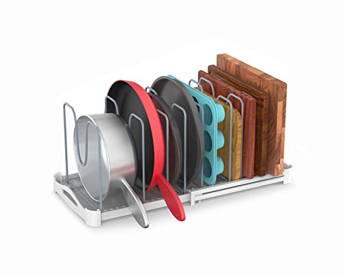 EVERIE Adjustable Bakeware Organizer Pot Lid Holder Rack for Pots, Cake Molds, Cutting Boards, Mats, Cookware, GS02SS, 7.7'' Deep by 12.6'' to 21.5'' Wide