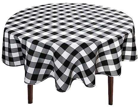 Hiasan Karierte runde Tischdecke, 114,4 cm, wasserdicht, flecken- und knitterfrei, waschbar, Stofftischdecke für Esszimmer, Party, Picknick, Schwarz und Weiß