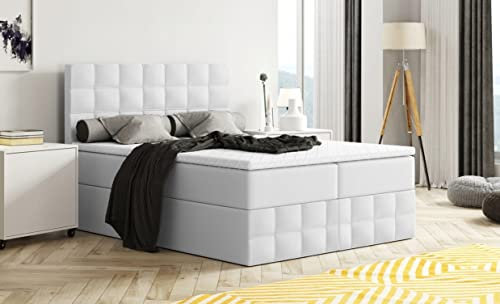 Moderne Boxspringbett MERA Premium Bett mit Bettkasten Ziernähten Bonell Matratze H3 Federkern Topper Polsterbett Doppelbett Schlafzimmer (Weiss - Madryt 120 (Kunstleder), 140 x 200)
