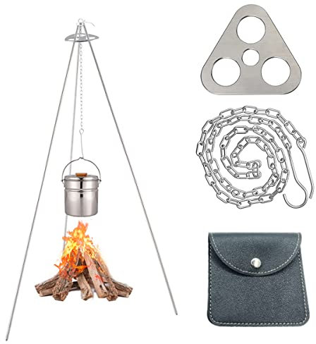 Porssaut Portable Camping Tripod set, Stainless Steel Campfire Cooking Accessories Set with Adjustable Chain Hanger Hook