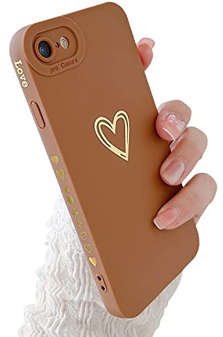 LRANKAI Compatible with iPhone SE 2022/2020 Case,iPhone 8/7 Case for Women Girl,Plated Love Heart with Full Camera Lens Protection Case Soft Silicone TPU Protective Cover for iPhone 7/8/SE 3/2-Brown