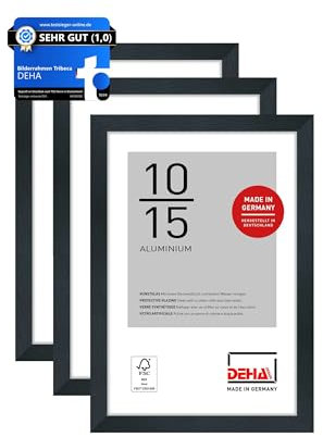 DEHA Design Bilderrahmen, 10 x 15 cm (3er Set), Aluminium, Schwarz matt, Fotorahmen zum Auftstellen im Hoch- & Querformat, bruchsicheres Kunstglas, Tribeca
