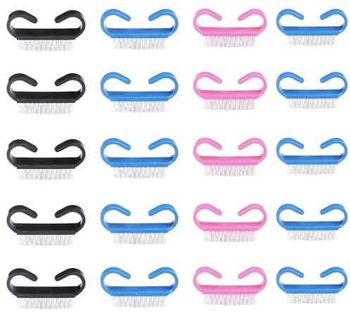 vellichor 20 x Bumper Pack of Nail Brushes 4 Colours Pink Black White Blue Standard Plastic Easy Grip Nail Scrubbers Clean Trapped Dirt from Nails Toenails Manicure Pedicure Fingernail Cleaner