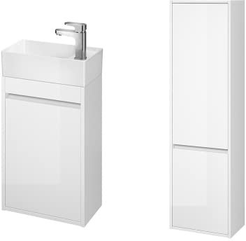 BAD LAND Badmöbel Komplett-Set Crea 40 Weiß Waschbecken-Unterschrank 40cm mit Hochschrank 140cm, Keramikwaschbecken, Badezimmermöbel, Hochhängeschrank mit 2-Türen